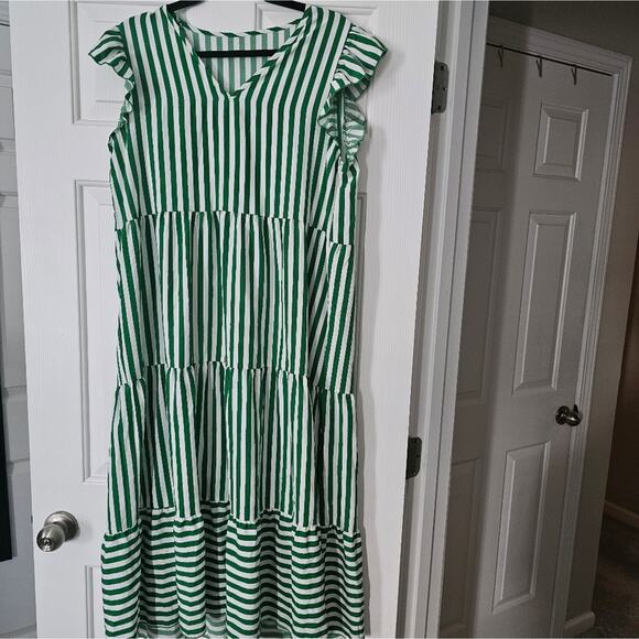 Shein Green and White Ruffle Striped Hem Dress Size L - Picture 1 of 8